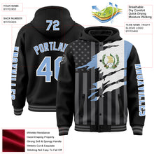 Laden Sie das Bild in den Galerie-Viewer, Custom Black Light Blue-Gray Guatemala Guatemalan Flag 3D Bomber Full-Snap Varsity Letterman Hoodie Jacket