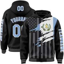 Laden Sie das Bild in den Galerie-Viewer, Custom Black Light Blue-Gray Guatemala Guatemalan Flag 3D Bomber Full-Snap Varsity Letterman Hoodie Jacket