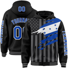 Laden Sie das Bild in den Galerie-Viewer, Custom Black Thunder Blue-Gray Honduras Honduran Flag 3D Bomber Full-Snap Varsity Letterman Hoodie Jacket