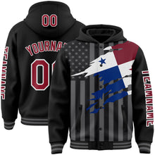 Laden Sie das Bild in den Galerie-Viewer, Custom Black Crimson-Gray Panama Panamanian Flag 3D Bomber Full-Snap Varsity Letterman Hoodie Jacket