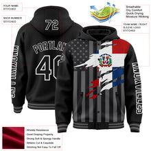 Laden Sie das Bild in den Galerie-Viewer, Custom Black Gray-White Dominican Republic Flag 3D Bomber Full-Snap Varsity Letterman Hoodie Jacket