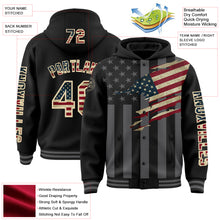 Laden Sie das Bild in den Galerie-Viewer, Custom Black Vintage USA Flag Cream-Gray 3D Bomber Full-Snap Varsity Letterman Hoodie Jacket