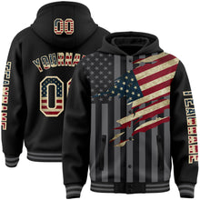 Laden Sie das Bild in den Galerie-Viewer, Custom Black Vintage USA Flag Cream-Gray 3D Bomber Full-Snap Varsity Letterman Hoodie Jacket