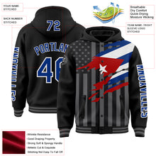 Laden Sie das Bild in den Galerie-Viewer, Custom Black Royal-Gray Cuba Cuban Flag 3D Bomber Full-Snap Varsity Letterman Hoodie Jacket