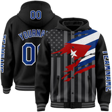 Laden Sie das Bild in den Galerie-Viewer, Custom Black Royal-Gray Cuba Cuban Flag 3D Bomber Full-Snap Varsity Letterman Hoodie Jacket