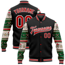 Laden Sie das Bild in den Galerie-Viewer, Custom Black Red-White Christmas 3D Bomber Full-Snap Varsity Letterman Jacket
