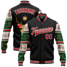 Laden Sie das Bild in den Galerie-Viewer, Custom Black Red-White Christmas 3D Bomber Full-Snap Varsity Letterman Jacket