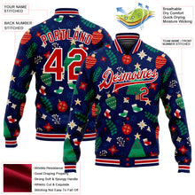 Laden Sie das Bild in den Galerie-Viewer, Custom Navy Red-White Christmas 3D Bomber Full-Snap Varsity Letterman Jacket