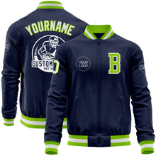 Загрузить изображение в средство просмотра галереи, Custom Navy White-Neon Green Bomber Varsity Letterman Zipper Jacket