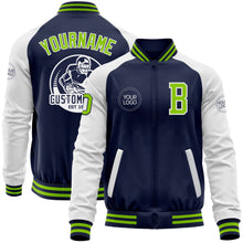 Загрузить изображение в средство просмотра галереи, Custom Navy Neon Green-White Bomber Varsity Letterman Two Tone Zipper Jacket