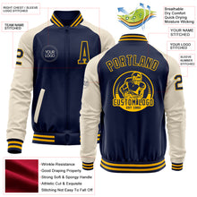 Загрузить изображение в средство просмотра галереи, Custom Navy Gold-Cream Bomber Varsity Letterman Two Tone Zipper Jacket