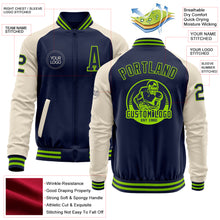 Charger l'image dans la galerie, Custom Navy Neon Green-Cream Bomber Varsity Letterman Two Tone Zipper Jacket