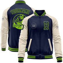 Charger l'image dans la galerie, Custom Navy Neon Green-Cream Bomber Varsity Letterman Two Tone Zipper Jacket