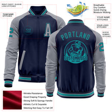 Загрузить изображение в средство просмотра галереи, Custom Navy Teal-Gray Bomber Varsity Letterman Two Tone Zipper Jacket