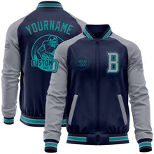 Загрузить изображение в средство просмотра галереи, Custom Navy Teal-Gray Bomber Varsity Letterman Two Tone Zipper Jacket