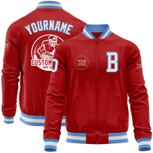Load image into Gallery viewer, Custom Red White-Light Blue Bomber Varsity Letterman Zipper Jacket