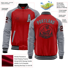 Load image into Gallery viewer, Custom Red Gray-Black Bomber Varsity Letterman Two Tone Zipper Jacket