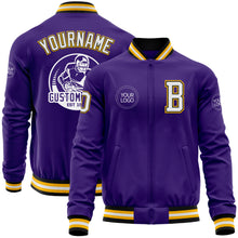 Charger l'image dans la galerie, Custom Purple Black-Gold Bomber Varsity Letterman Zipper Jacket