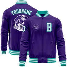 Charger l'image dans la galerie, Custom Purple White-Aqua Bomber Varsity Letterman Zipper Jacket