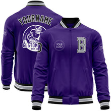 Charger l'image dans la galerie, Custom Purple Black-Gray Bomber Varsity Letterman Zipper Jacket