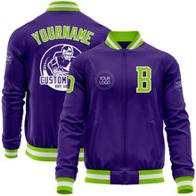 Charger l'image dans la galerie, Custom Purple Neon Green-White Bomber Varsity Letterman Zipper Jacket