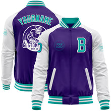 Load image into Gallery viewer, Custom Purple Aqua-White Bomber Varsity Letterman Two Tone Zipper Jacket