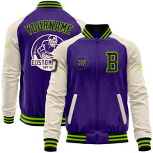 Load image into Gallery viewer, Custom Purple Black Neon Green-Cream Bomber Varsity Letterman Two Tone Zipper Jacket