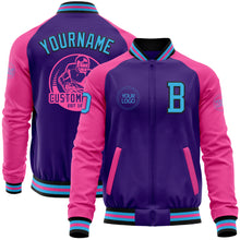 Charger l'image dans la galerie, Custom Purple Sky Blue Black-Pink Bomber Varsity Letterman Two Tone Zipper Jacket