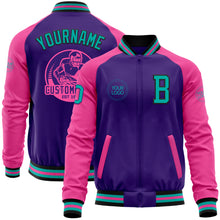 Charger l'image dans la galerie, Custom Purple Aqua Black-Pink Bomber Varsity Letterman Two Tone Zipper Jacket