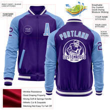 Charger l'image dans la galerie, Custom Purple Light Blue-White Bomber Varsity Letterman Two Tone Zipper Jacket