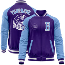 Charger l'image dans la galerie, Custom Purple Light Blue-White Bomber Varsity Letterman Two Tone Zipper Jacket