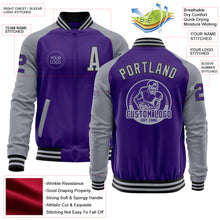 Загрузить изображение в средство просмотра галереи, Custom Purple Gray-Black Bomber Varsity Letterman Two Tone Zipper Jacket