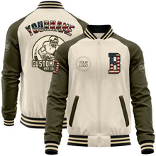 Charger l'image dans la galerie, Custom Cream Vintage USA Flag Black-Olive Bomber Varsity Letterman Two Tone Zipper Jacket