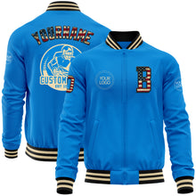 Charger l'image dans la galerie, Custom Powder Blue Vintage USA Flag Black-Cream Bomber Varsity Letterman Zipper Jacket
