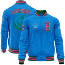 Загрузить изображение в средство просмотра галереи, Custom Powder Blue Pink-Kelly Green Bomber Varsity Letterman Zipper Jacket