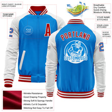 Загрузить изображение в средство просмотра галереи, Custom Powder Blue Red-White Bomber Varsity Letterman Two Tone Zipper Jacket
