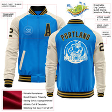 Загрузить изображение в средство просмотра галереи, Custom Powder Blue Black Old Gold-Cream Bomber Varsity Letterman Two Tone Zipper Jacket