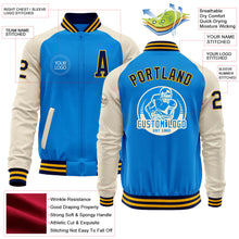 Загрузить изображение в средство просмотра галереи, Custom Powder Blue Navy Gold-Cream Bomber Varsity Letterman Two Tone Zipper Jacket