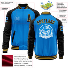 Charger l'image dans la galerie, Custom Powder Blue Old Gold-Black Bomber Varsity Letterman Two Tone Zipper Jacket