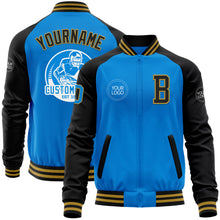 Charger l'image dans la galerie, Custom Powder Blue Old Gold-Black Bomber Varsity Letterman Two Tone Zipper Jacket
