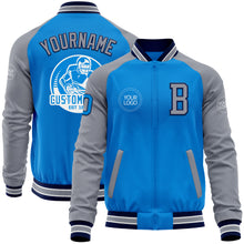 Charger l'image dans la galerie, Custom Powder Blue Navy-Gray Bomber Varsity Letterman Two Tone Zipper Jacket