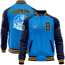 Charger l'image dans la galerie, Custom Powder Blue Gold-Navy Bomber Varsity Letterman Two Tone Zipper Jacket