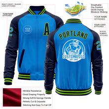 Charger l'image dans la galerie, Custom Powder Blue Neon Green-Navy Bomber Varsity Letterman Two Tone Zipper Jacket