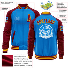 Charger l'image dans la galerie, Custom Powder Blue Gold-Crimson Bomber Varsity Letterman Two Tone Zipper Jacket