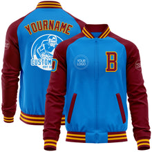 Charger l'image dans la galerie, Custom Powder Blue Gold-Crimson Bomber Varsity Letterman Two Tone Zipper Jacket