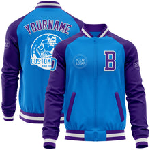Charger l'image dans la galerie, Custom Powder Blue White-Purple Bomber Varsity Letterman Two Tone Zipper Jacket