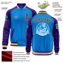 Charger l'image dans la galerie, Custom Powder Blue Gold-Purple Bomber Varsity Letterman Two Tone Zipper Jacket