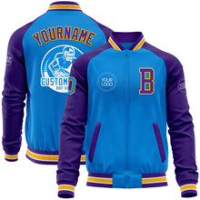 Charger l'image dans la galerie, Custom Powder Blue Gold-Purple Bomber Varsity Letterman Two Tone Zipper Jacket