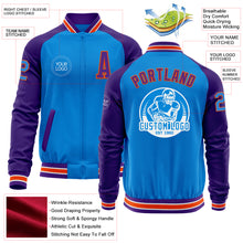 Charger l'image dans la galerie, Custom Powder Blue Orange-Purple Bomber Varsity Letterman Two Tone Zipper Jacket