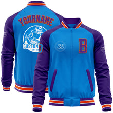 Charger l'image dans la galerie, Custom Powder Blue Orange-Purple Bomber Varsity Letterman Two Tone Zipper Jacket